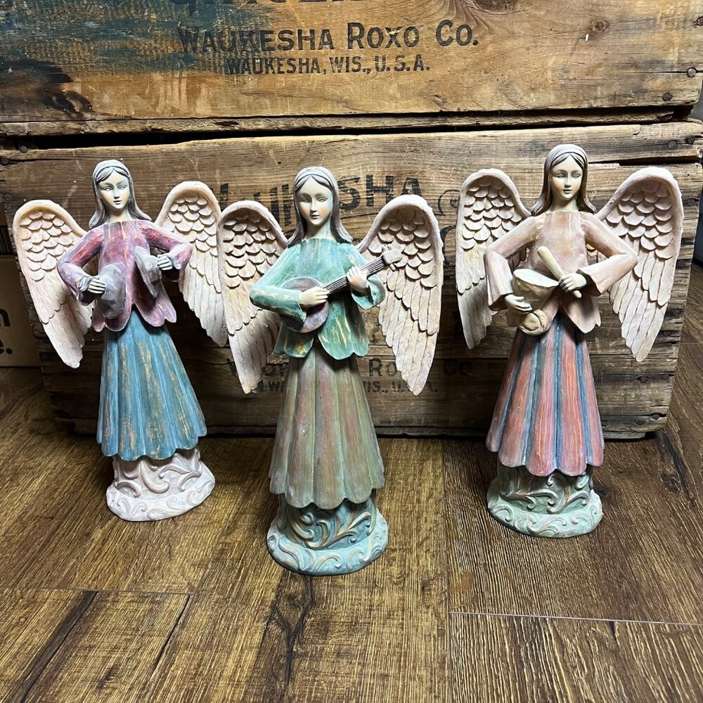 Old Time Pottery Decor 3 Angels w/ Instruments Figurines Polystone 12"